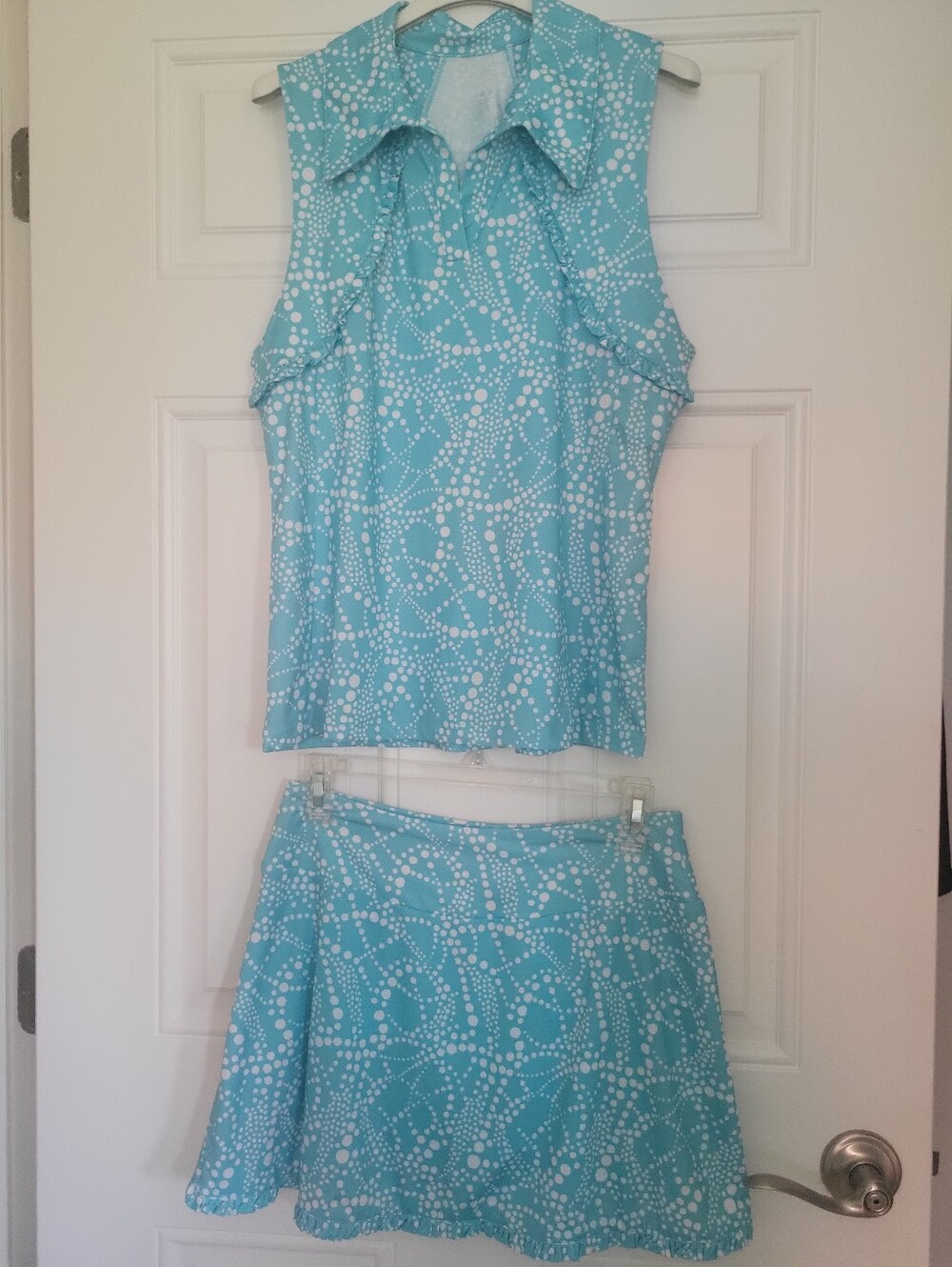 Gottex Aqua and White Polka Dot Print Sleeveless Top & Skort Set